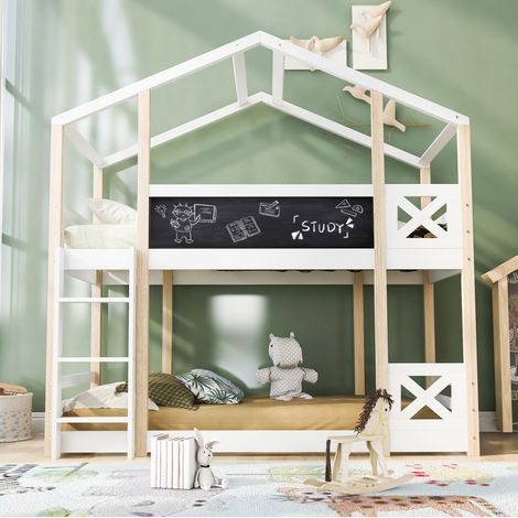 Letto a soppalco per bambini in legno massello bianco 90x200 cm con scala, tetto a casetta e reti incluse (1/5)