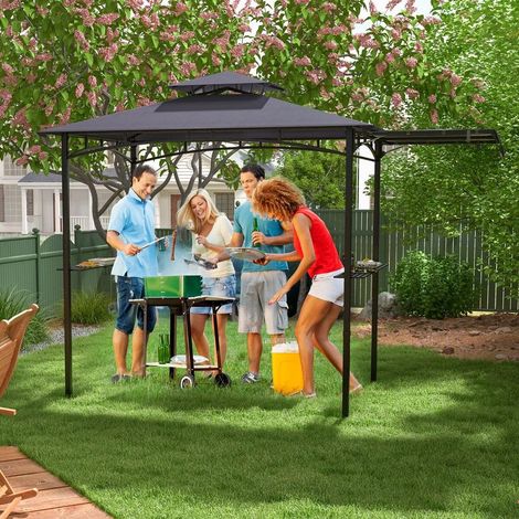 Montage sans outils abri barbecue avec auvent latéral, double toit, 2 étagères, structure métal, gris foncé (1/5)
