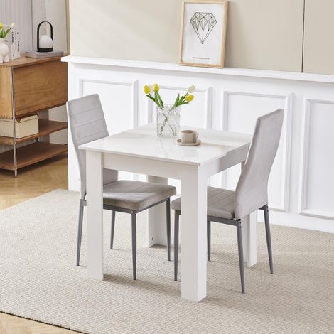 75x75cm Square Dining Table and Chairs Set, Small Dining Room Set High Gloss Dining Table with Chairs Home Furniture (Grey Flannel, White Table with 2 Chairs)