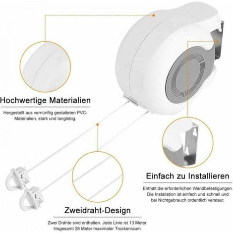 Étendoir à linge rétractable d'extérieur, étendoir mural extensible de 13 m avec 2 cordes à linge, pour salle de bain, balcon et jardin (1/4)