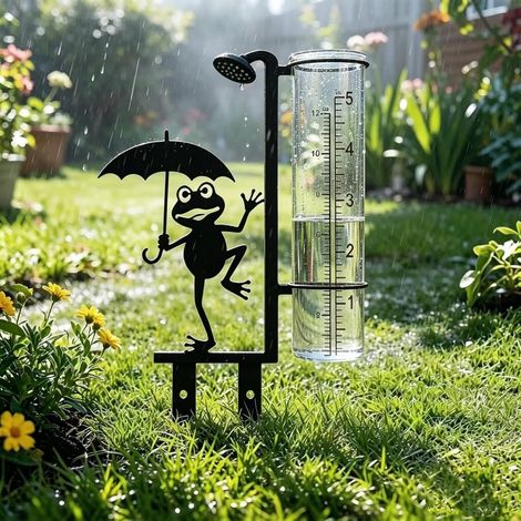 Piquet de jardin grenouille avec pluviomètre gradué, décoration extérieure métal avec mesure de pluie (1/5)
