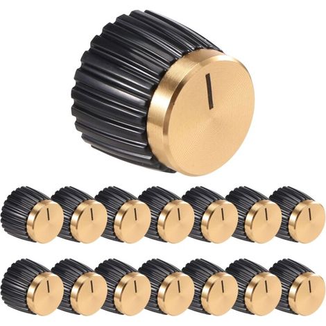 Lot de 15 boutons de réglage noirs à pression pour amplificateur de guitare, avec capuchon en aluminium doré, compatibles avec les potentiomètres de 6 mm de diamètre. (1/5)
