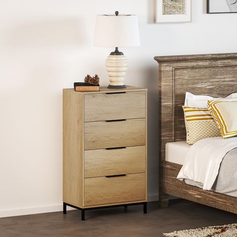 Cassettiera alta da camera da letto con 4 cassetti, maniglie in metallo, cassettiera stretta per soggiorno o corridoio, 62x35x105 cm, naturale