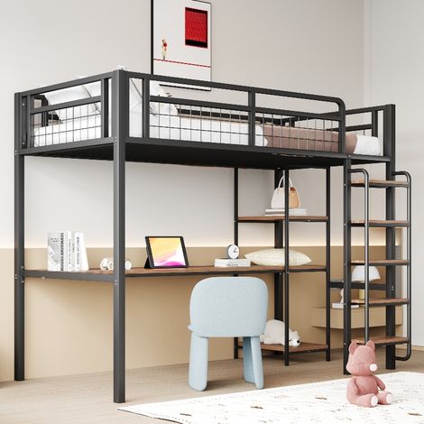 Metall Hochbett 90x200 cm mit Schreibtisch und Regal, Kinderbett mit sicherer Treppe und Rausfallschutz, platzsparendes Jugendbett, Schwarz (1/5)