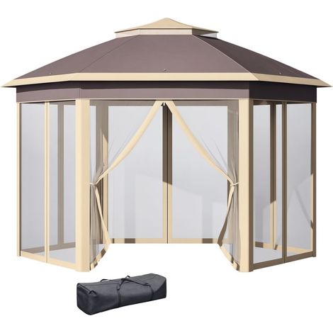 Gazebo de jardin hexagonal 4,05 x 3,4 x 2,85 m avec double toit, 6 moustiquaires amovibles, sac de rangement et traitement anti-UV beige (1/5)