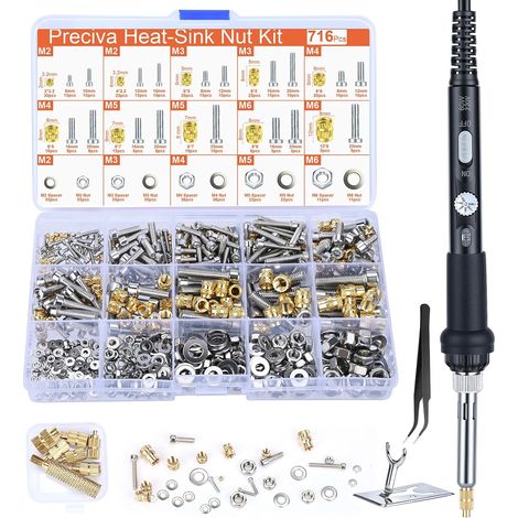 M2-M6 Insert Fileté Metal,Preciva 716Pièces Inserts Filetés,Kit de Fer à Souder pour Insert Impression 3D,M2-M6 Écrou Stable pour Plastique,Pièces en Laiton Imprimées en 3D par Fusion Thermique (1/5)