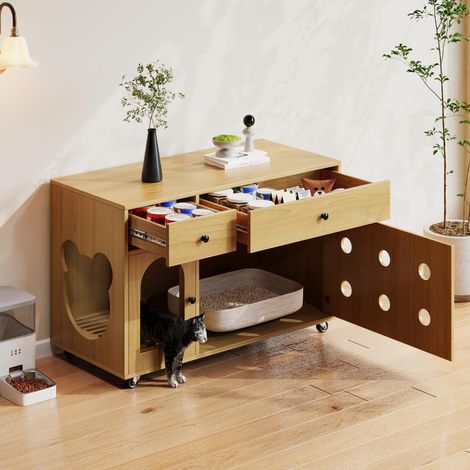 Meuble litière pour chat 100x45x66cm Design discret panneau MDF isolation odeurs couleur Naturelle (1/5)