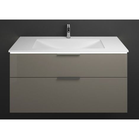Burgbad Eqio Mineralguss-Waschtisch mit Unterschrank, mit LED-Beleuchtung, mit 2 Auszügen, Griffleis Grau Hochglanz/Alpinweiss 122 cm Schwarz matt (1/2)