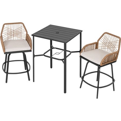 Avestar 3-tlg. Gartenbar Set, Barhöhe Esstisch und 2 drehbare Barhocker aus handgewebtem Rattan mit abnehmbaren Kissen, Schwarz und Beige (1/5)