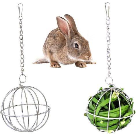 2 Mangeoire pour lapin,Boule de flein rotative multifonctionnelle en acier inoxydable de 9cm pour lapins,courroie et cochons d'Inde. (1/2)