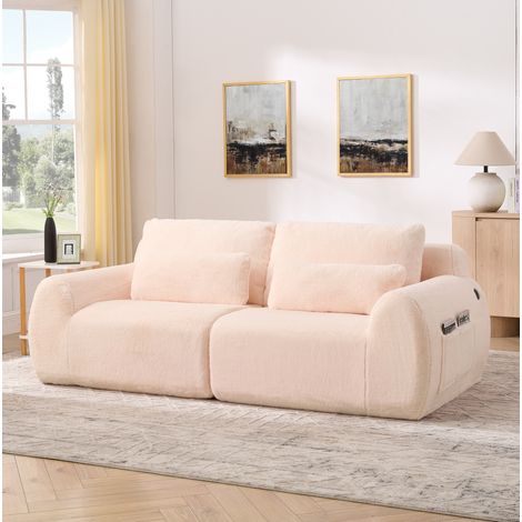 Canapé 2 places rose en mousse et tissu effet fourrure avec ports USB et poche latérale (1/5)