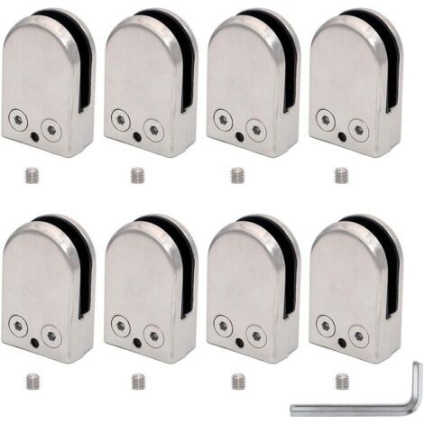 Lot de 8 pinces à verre pour panneau de verre de 10 à 12 mm, en acier inoxydable 304, finition satinée, support réglable en verre à dos plat pour balustrade, escalier, clôture de piscine (1/5)