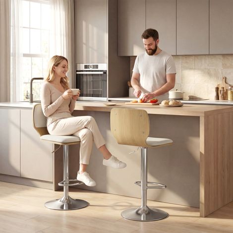Set di 2 sgabelli da cucina alti, girevoli a 360°, regolabili in altezza da 81 a 102 cm, rivestiti in lino beige.