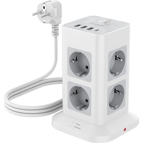Parafoudre Tour Multiprise avec Interrupteur, Rallonge Electrique 3m Prise Multiple Parafoudre et Surtension, 3600W, 8 Prises Secteur, 3 USB-A (1/5)