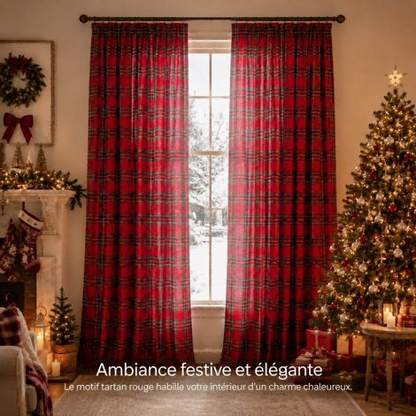 HEMVOR Lot de 2 rideaux à carreaux tartan, 132 × 214 cm par panneau, 6 modes de suspension, Noël, rouges (1/5)