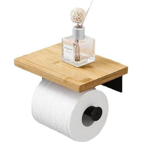 Schwarzer selbstklebender Toilettenpapierhalter mit Bambusablage, Rollenhalter, wandmontierter Toilettenpapierhalter ohne Bohren aus Edelstahl