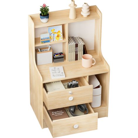 Table de chevet - WILITTO - Armoire de rangement simple et moderne - 2 tiroirs - 2 étagères - matériau en bois massif - 47x30x70 cm - espace de stockage ouvert - Style scandinave - Beige (1/5)