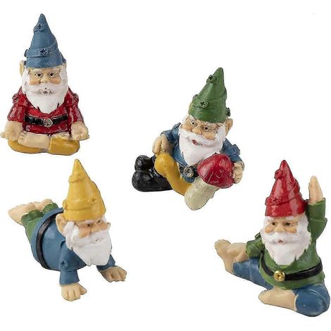 Ce lot de 4 mini statues de nains de jardin (édition 2025) les représente dans des poses de yoga amusantes et peut servir de décoration pour les pots de fleurs. (1/5)