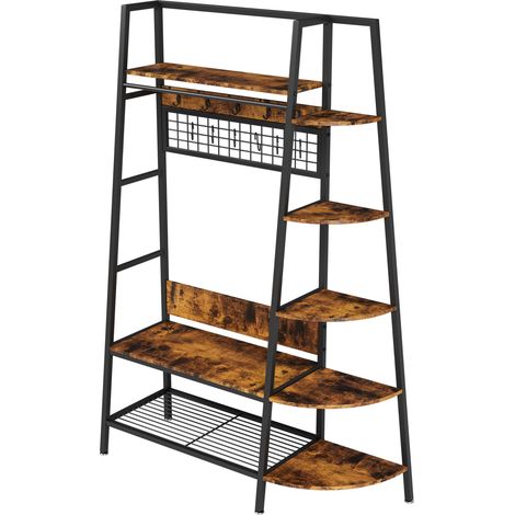 Perchero de pie industrial abierto con estantes, metal y madera, negro y marrón, 183 cm (1/5)