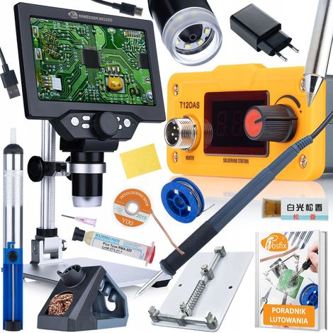Set di Saldatura Professionale 8 in 1 con Microscopio LCD 7" 1200x – Stazione T12, Toppa, Resina, Supporto PCB, Stagno, Treccia, Pompa