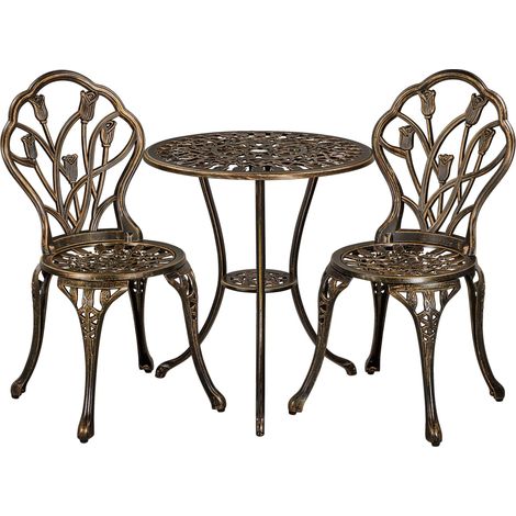 Yaheetech Set di Tavolo e Sedie da Giardino Set Mobili 2 Sedie 3 Pezzi Bistrò Veranda Balcone Motivo a Tulipano Lega di Alluminio Bronzo (1/5)