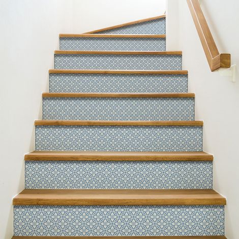 Contremarche adhésive autocollante Santafiore, motif de cercle blanc et feuille sur fond bleu, 3 pièces, 19,5 X 100 cm (1/2)