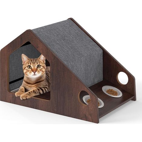 COSTWAY Casetta in Legno per Gatti da Interni, Condo per Gatti con Stazione di Alimentazione, Tetto Rimovibile e Struttura in Metallo, Cuccia per Gattini in Stile Fattoria, 60 x 40 x 40 cm (1/5)