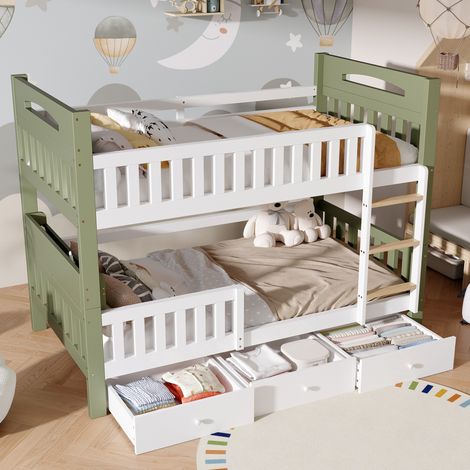 Lit superposé enfant 90 x 200 cm avec échelle, étagère et 3 tiroirs blanc et vert HAVRYA (1/5)