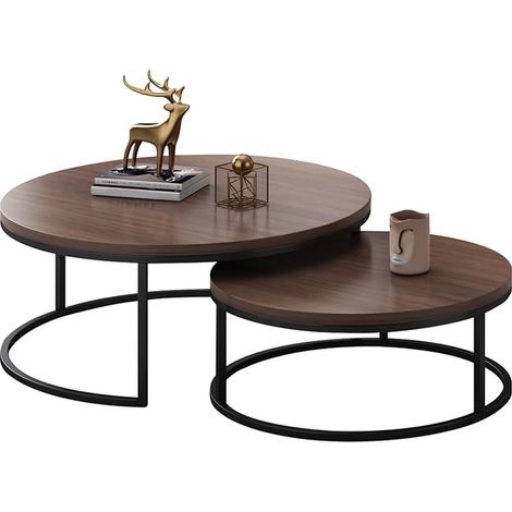 Table basse gigogne ronde 2 pièces en bois noyer et métal – Design vintage moderne – Gain de place pour petits espaces – Dimensions 80x80x40cm (1/5)