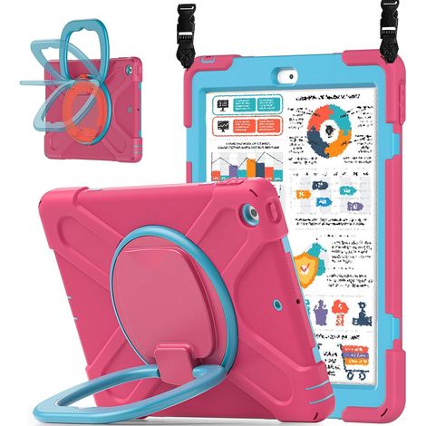 Étui compatible avec iPad 9/8/7 et iPad 10,2 pouces (2021/2020/2019) avec porte-crayon, poignée et bandoulière, rose bleu. (1/5)