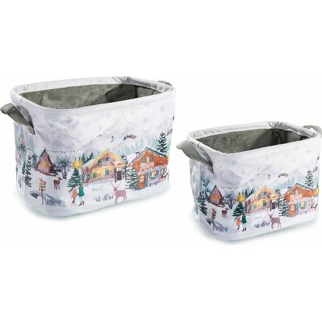 Cestini di Natale in stoffa con manici e stampa villaggio natalizio innevato in set da due pezzi, set da 3 pezzi, Grande: cm 30 x 21 x 20 H