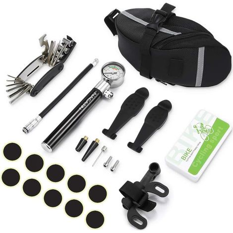 Kit d'outils pour vélo, outil de réparation 16 en 1 comprenant tournevis, démonte-pneus, pompe à vélo, râpe métallique et kit de réparation. (1/5)