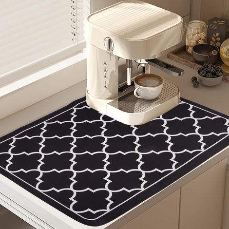 Tapis Egouttoir Vaisselle Absorbant, 50x30 cm Super Absorbant Tapis de Machine À Café, Tapis de Séchage Vaisselle Egouttoir Antidérapant, pour Comptoir de Cuisine, Bar, Travail en Marbre (Motif Noir) (1/5)