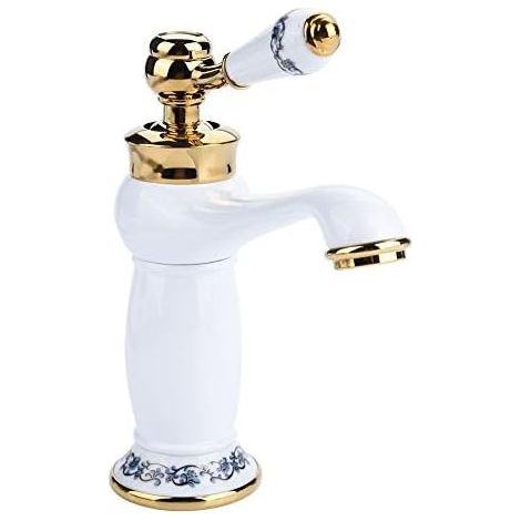Robinet mitigeur à long col en laiton vintage décoré de motifs en porcelaine bleu-blanc, mitigeur réglable eau chaude et froide style rétro antique, polyvalent pour évier de cuisine et vasque de salle (1/5)