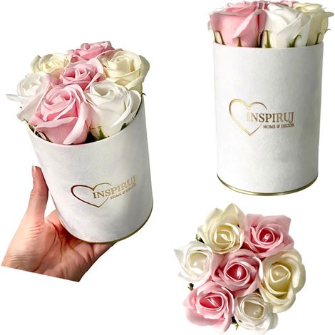Flowerbox Inspiruj - Scatola bianca con rose di sapone - n. 12 Mix rosa chiaro (1/5)