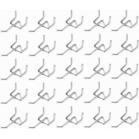 SHINING HOUSE 50pcs Crochets pour Panneaux Perforés, Espacement des Trous de 25 mm Épaisseur 32 mm Longueur 50 mm Crochets Muraux Garage Crochets pour Panneaux Muraux Outils Rangement de Garage (Argen