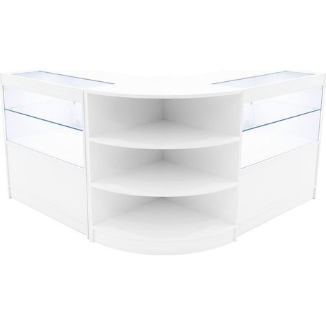 Set Mostradores Comerciales "ANDROMEDA" Blanco 2xC900+1xLM60 MDF y vidrio templado Estantes y puertas corredizas con cerradura Fácil Montaje Mostrador Recepción Expositor Comercial Mesa
