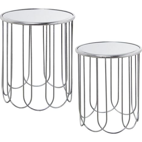 Lot de 2 Tables d'appoint Rondes en métal et Miroir en Argent 42 x 50 cm et 37 x 45 cm (1/3)