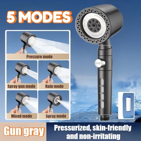 Pommeau de douche portable en ABS gris à 5 jets, haute pression, grand débit, avec filtre spa et bouton d'arrêt, buse universelle pour salle de bain. (1/5)