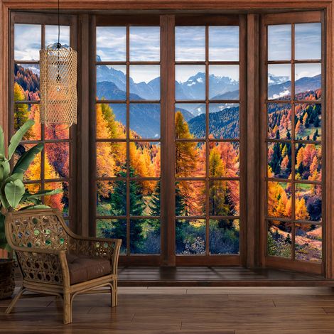 Papier peint panoramique Trompe l'oeil Fenêtre en bois - Forêt - 269 cm x 215 cm (1/5)
