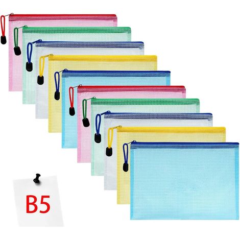 Pochettes A6 (lot de 12), pochettes zippées colorées et imperméables, pochettes en filet zippées, pochettes B5 (lot de 10). (1/5)