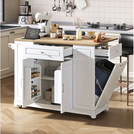 Îlot de cuisine 131,8x40-70x93,3 cm blanc et naturel en MDF avec plateau extensible et roulettes (1/5)