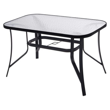 Gartentisch und Terrassentisch aus schwarzem Metall und Glas, 120 cm.