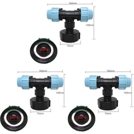 Lot de 3 Adaptateur de réservoir IBC S60 x 6 - Raccord en T pour raccord de tuyau d'eau - Sortie en T (sortie en té 25mm)