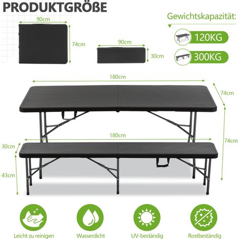 Table pliante 180 cm + 2 bancs, set de camping 3 éléments, plateau HDPE à motif arbre, système de verrouillage sécurisé, résistant aux UV et à l'eau, Noir