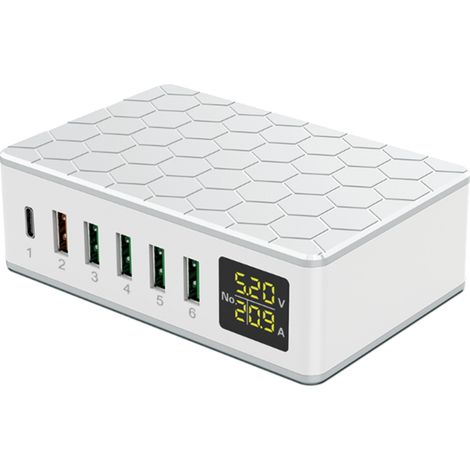 Beyamis Station charge USB 65W – 6 ports QC3.0, LED, chargeur bureau compact (1/5)