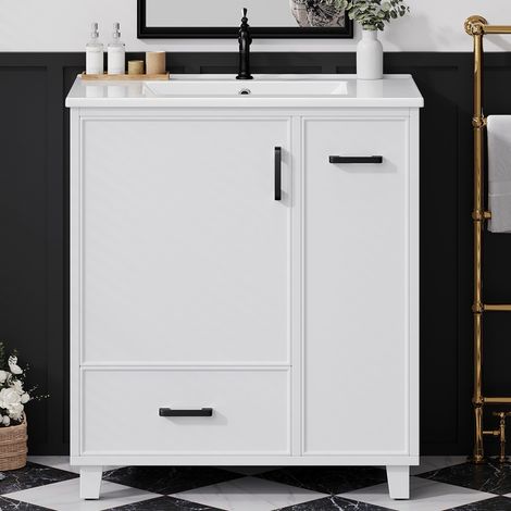 Mueble de baño independiente de 76,5 x 47 x 82 cm con 2 cajones, espacio de almacenamiento lateral y lavabo cerámico integrado, color blanco. (1/5)