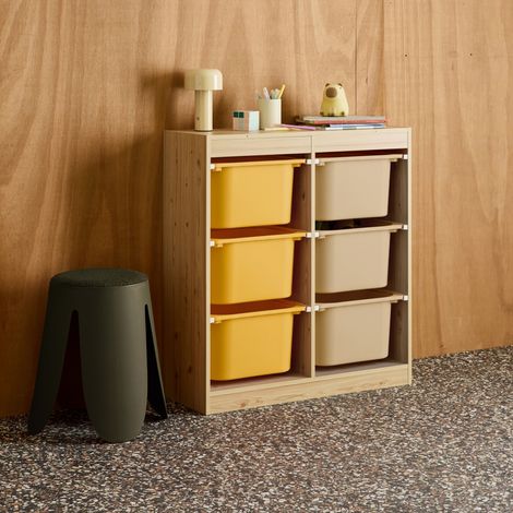 Meuble de rangement enfant 6 bacs de rangement en plastique moutarde taupe - Sora