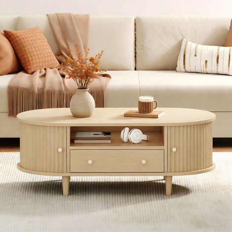 Table basse ovale de salon chêne, tiroir, portes coulissantes, niche ouverte, MDF design moderne 100x50x36cm (1/5)