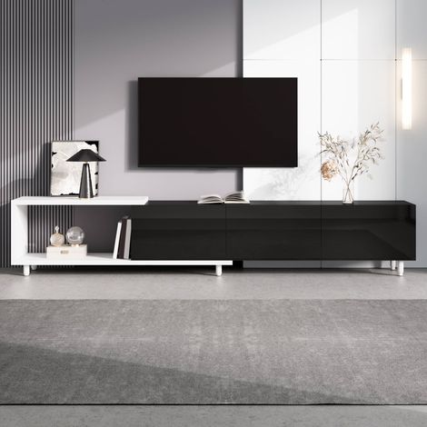 Meuble TV extensible 179 à 258 cm, 3 portes brillantes et niche ouverte, en MDF, pour salon, Noir (1/5)